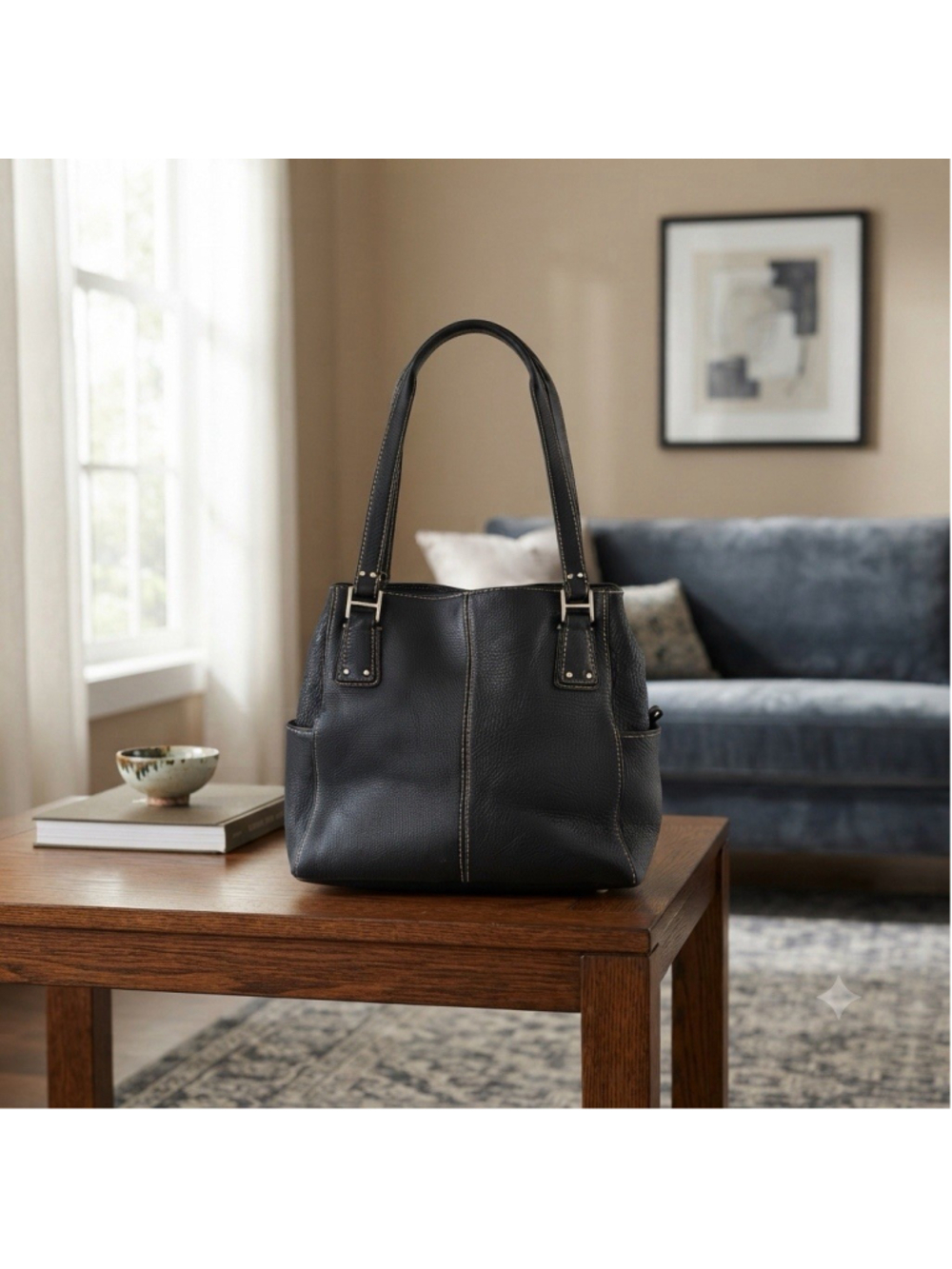 Fossil Black Pebbled Leather Triple Compartment Shoulder Bag Silver Hardware